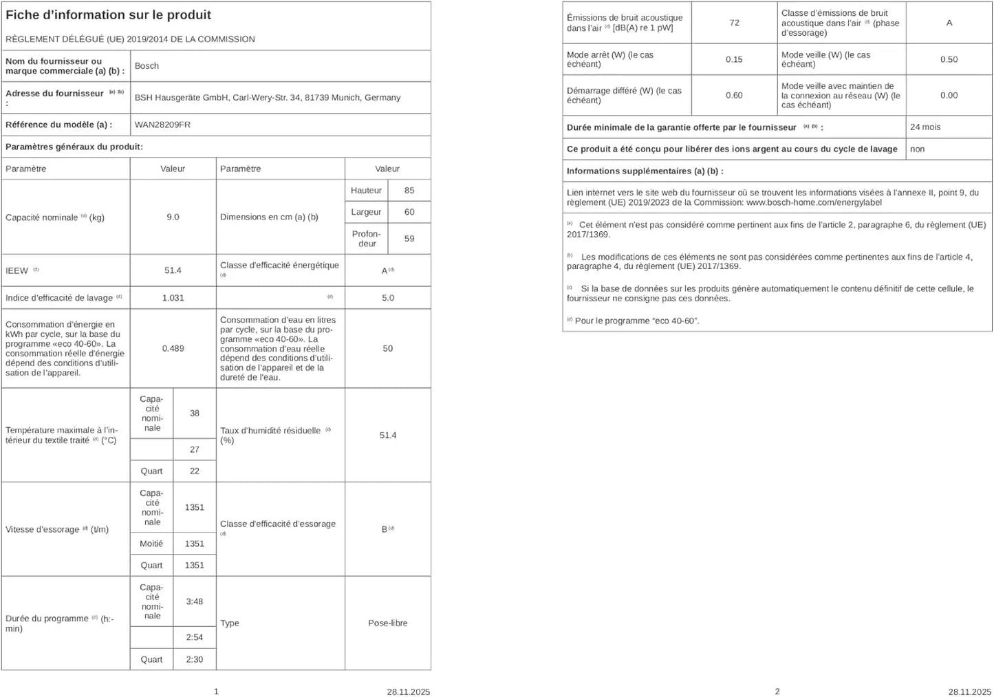 Bosch WAN28209FR, Série 4, Lave linge hublot, 9 kg, 1400 trs/min, Blanc [Classe énergétique A] DUMANOIR