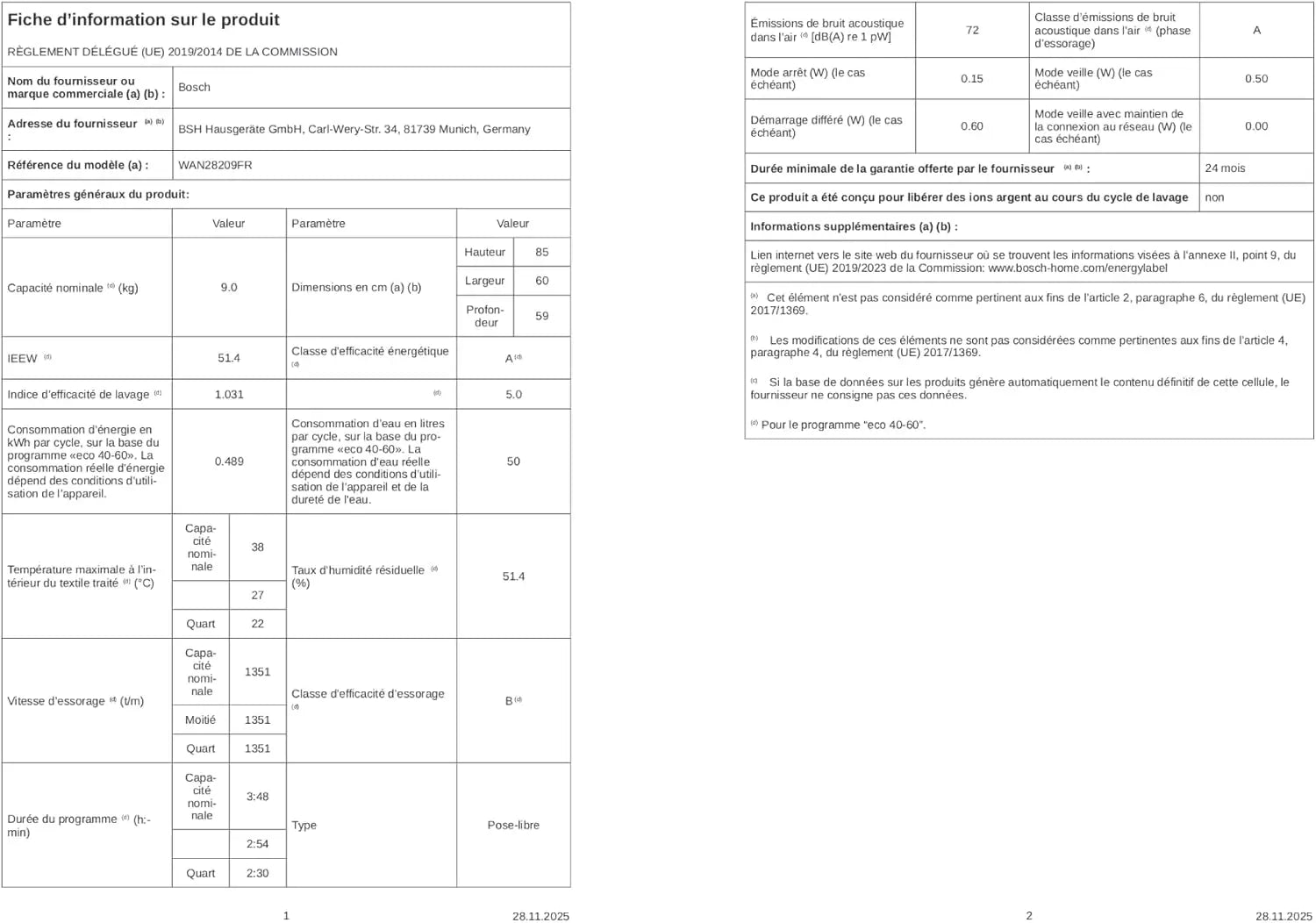 Bosch WAN28209FR, Série 4, Lave linge hublot, 9 kg, 1400 trs/min, Blanc [Classe énergétique A] DUMANOIR